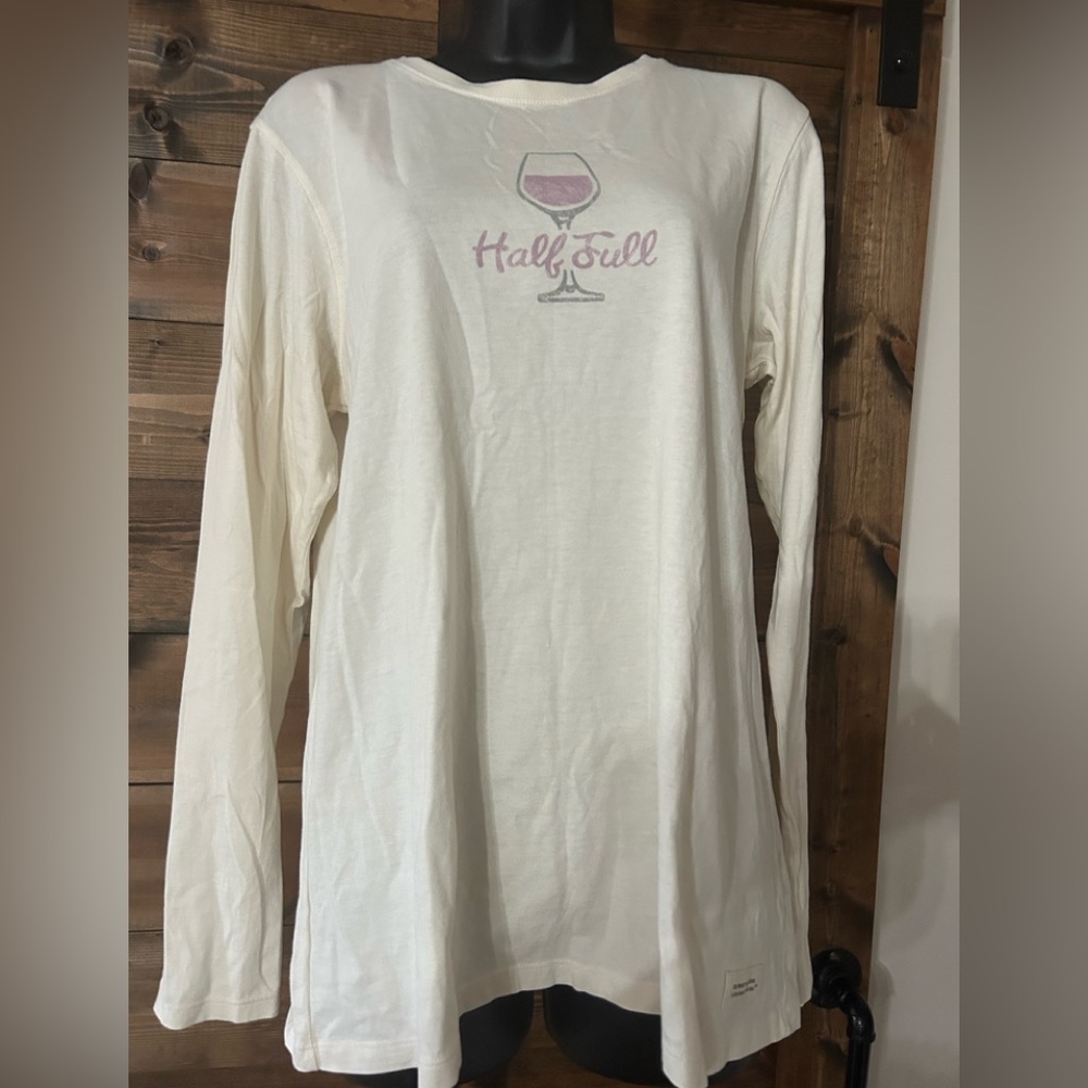 Life is Good Cream Long Sleeve Shirt with Wine Glass Graphic